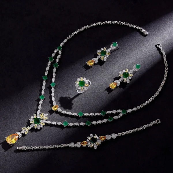 Luxury Wedding Jewelry Set for Women Bride Gift Bridal 4-piece Drop Necklace Jewelry Set with Green CZ Zirconia - Image 2