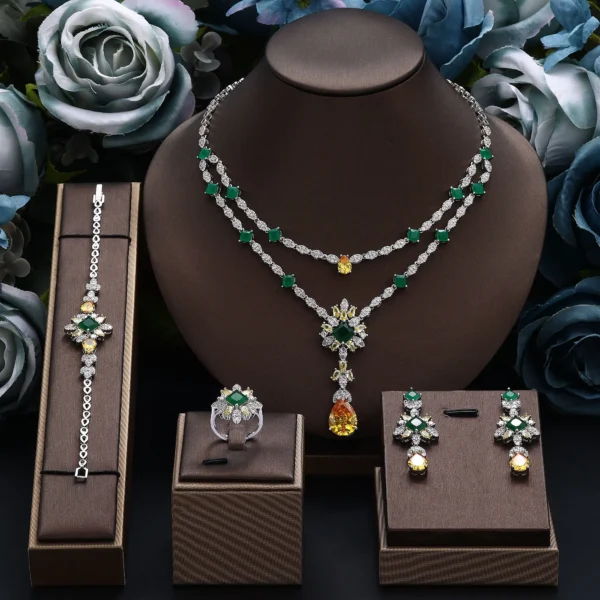 Luxury Wedding Jewelry Set for Women Bride Gift Bridal 4-piece Drop Necklace Jewelry Set with Green CZ Zirconia